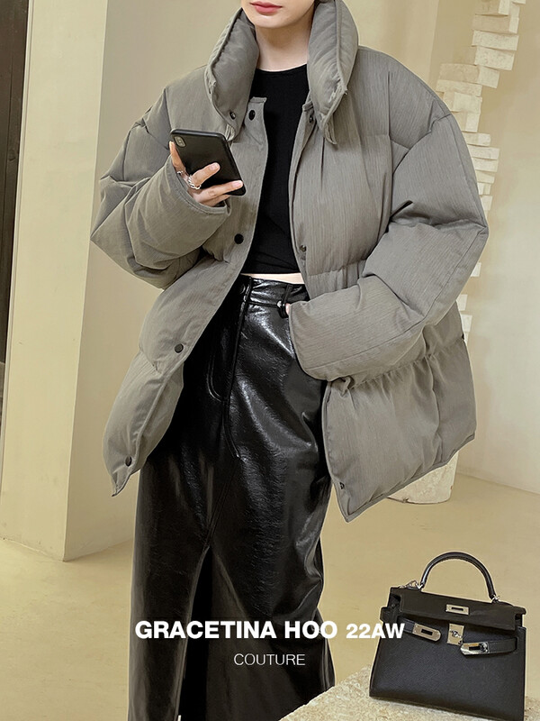 [GRACETINA HOO] Design stand collar pinstripe down jacket 90 white duck down collar detachable Y179