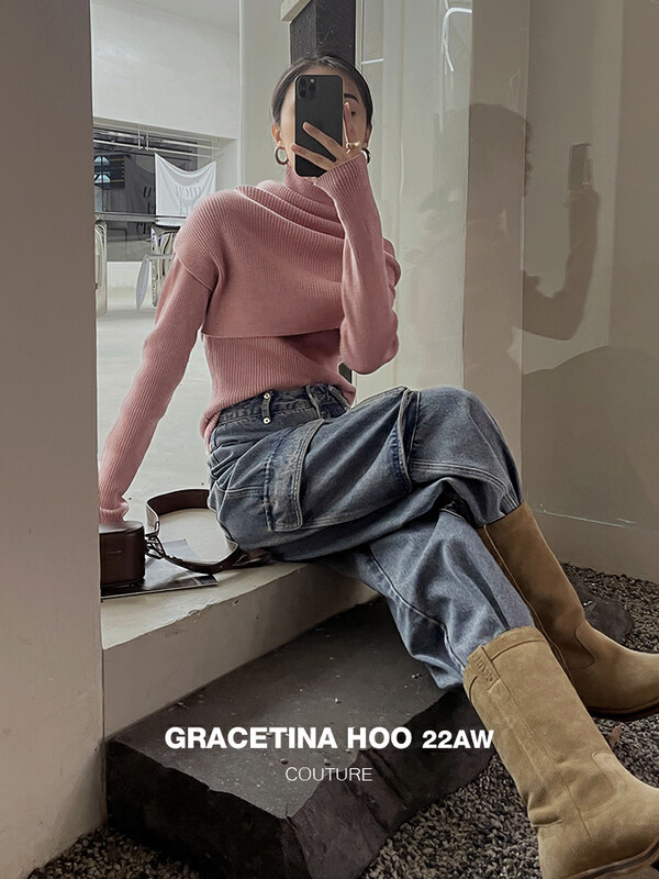 【GRACETINA HOO】Simple and versatile, inclusive, slimming, modified legs, wide legs, lazy jeans, tooling three-dimensional pockets N285