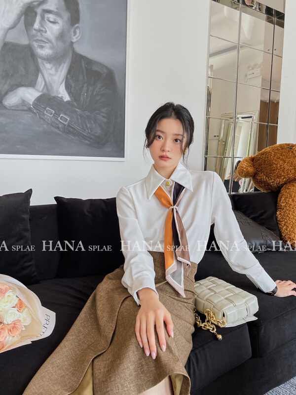 [HANNA Hanna] Elegant and Intellectual Lapel Shirt Female Contrast Color Scarf Workplace Commuting Shirt Shirt (with Silk Scarf) H10655