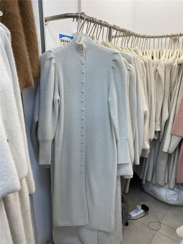 【WANWAN】Pure color versatile breasted high neck puff sleeve dress 2710# HBX