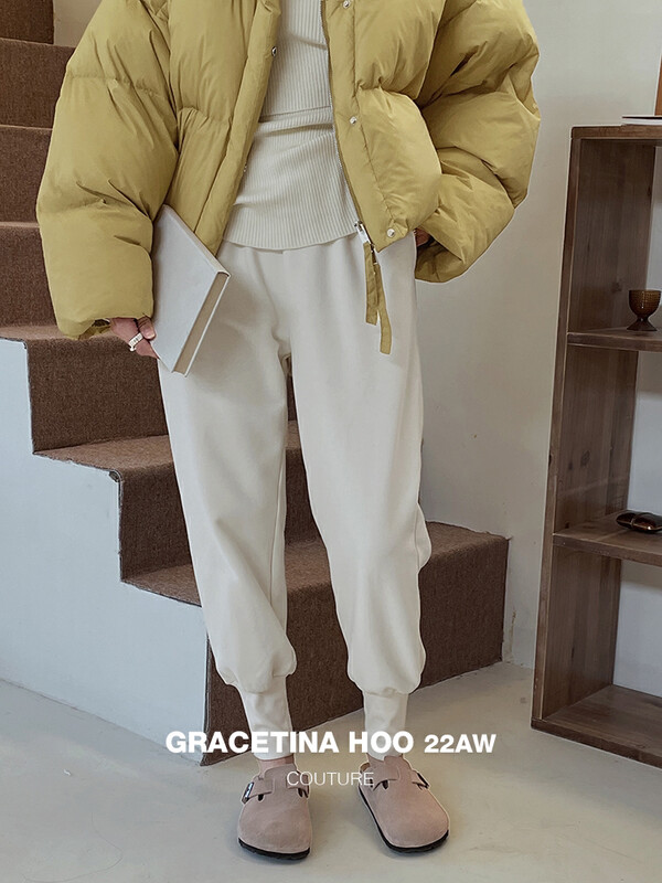 【GRACETINA HOO】Warm brushed elastic waist all-match inclusive lazy loose slim pants casual pants custom wide ribbed foot design K9303