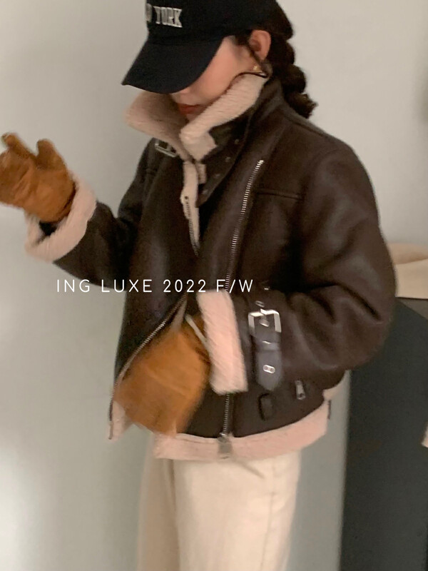 【ING】皮料皮毛一體加厚機車服短外套8357