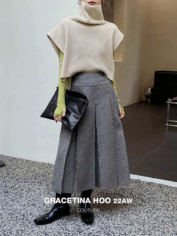 【GRACETINA HOO】Design sense high waist pleated skirt 30 wool full composite wide BQ2259