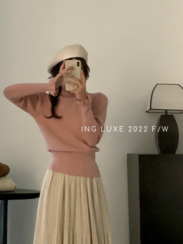 【ING】Half-neck collar puff sleeves slim fit bottoming shirt w3976
