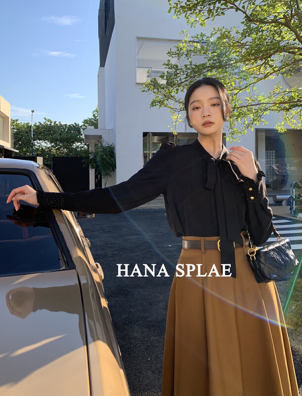 [HANNA Hanna] simple solid color lace-up shirt long-sleeved women's elegant workplace top shirt H10706