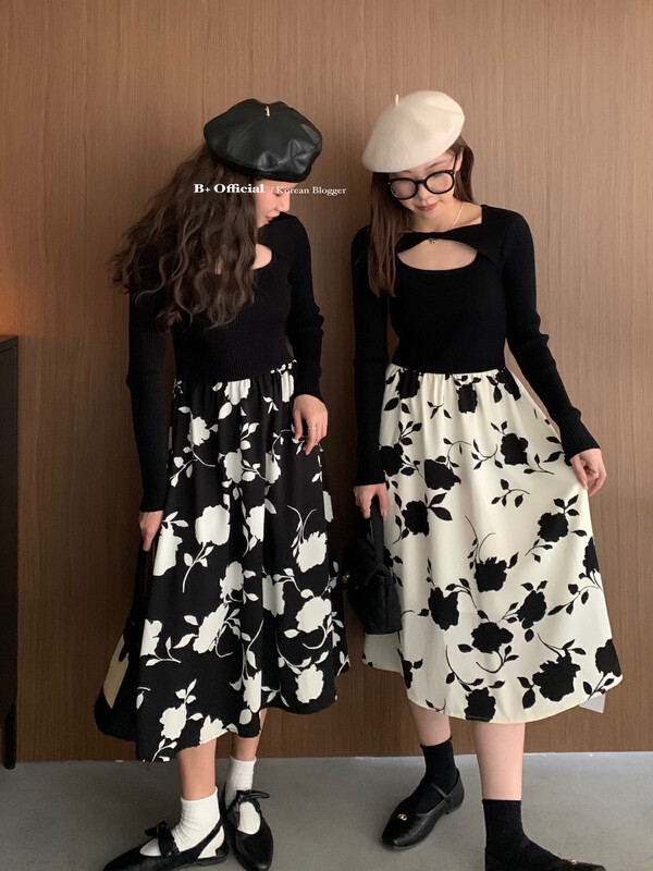 [B Plus] Early autumn simple atmosphere little woman commuting temperament splicing floral dress 22-8235-2
