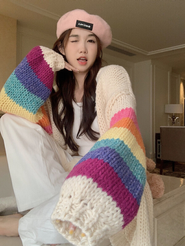 [Timely Rain] Korean style ins color matching color design is gentle and lazy knitted cardigan 42578# WPL