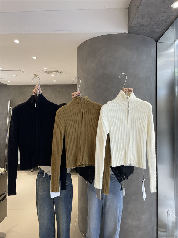 【IN.CHOOSE U】Simple Solid Color Zipper Slim Knit Cardigan 67353# CQW