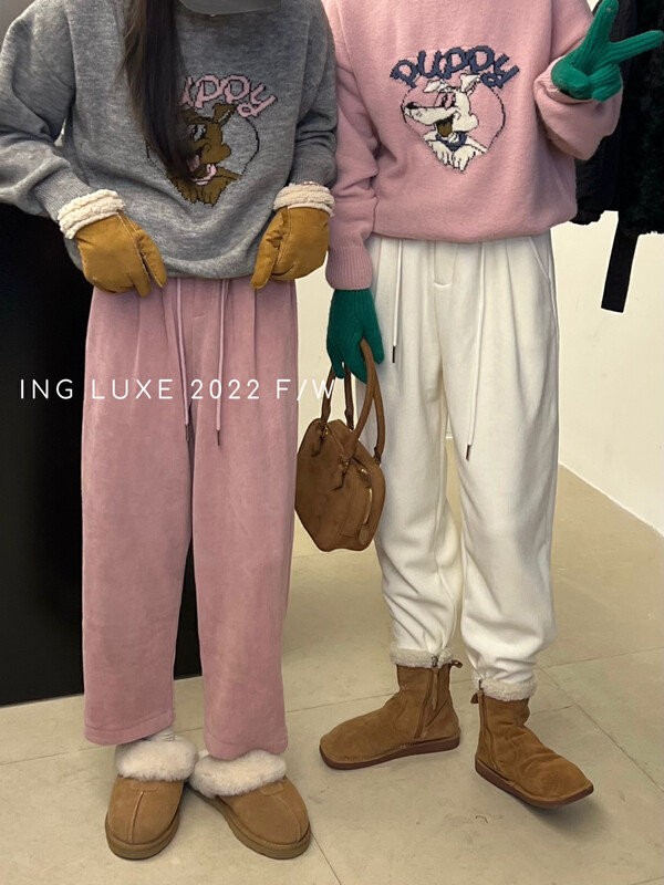 【ING】High waist plus velvet thick all-match loose straight casual pants 8370# FHX