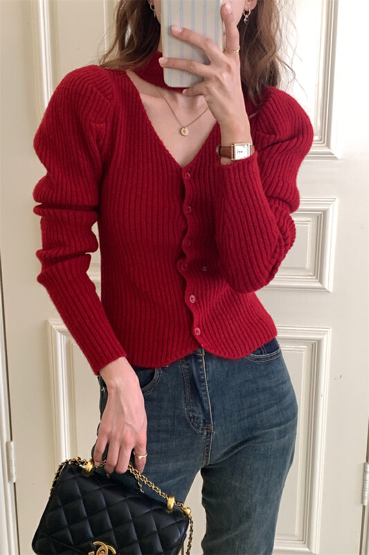 [Timely Rain] Korean style ins retro sweet design sweater V-neck hanging neck temperament knitted cardigan M4029# WPL