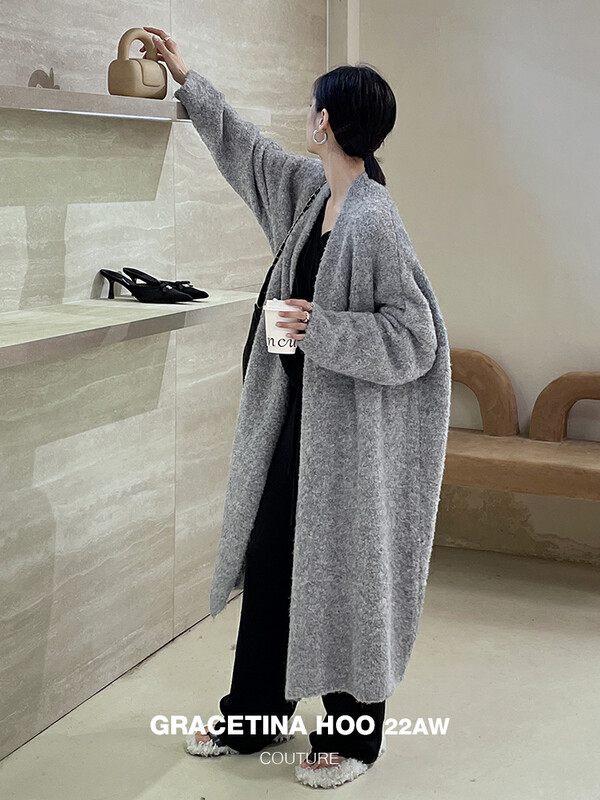[GRACETINA HOO] Lazy style loose silhouette all-match slim wool knitted cardigan simple texture chaise longue circle Ni Z971