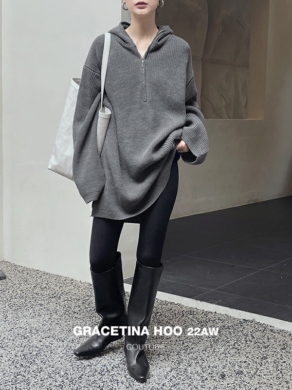 [GRACETINA HOO] Simple silhouette zipper hooded sweater 15 wool side slits Z947