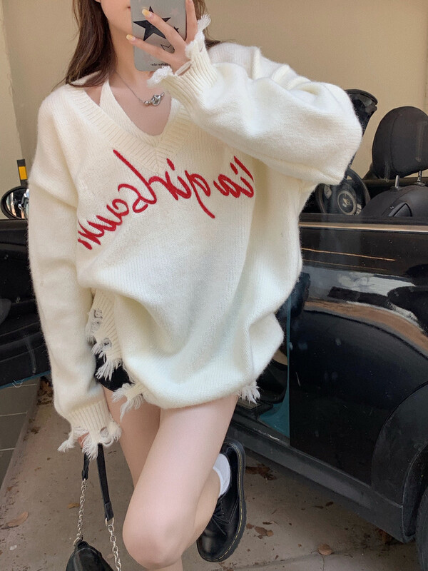 [Timely Rain] American Design Embroidered Letter Vest + Lazy Loose Sweater Set R0558# WPL