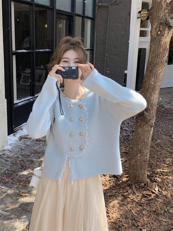 【Y.JIA】Xiaoxiangfeng double-breasted button tassel design sweater YS1-918