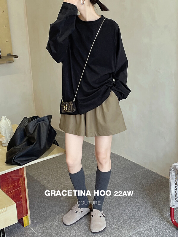 【GRACETINA HOO】Design sense structural ripped neckline long-sleeved T-shirt simple and versatile thickened brushed suede T2253