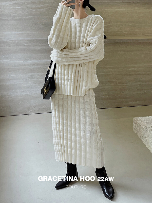 [GRACETINA HOO] Three-dimensional puff grid lazy loose big sweater elastic waist skirt suit suit imported warm deer plush Z828