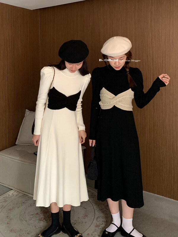 [B Plus] French retro elegant temperament fake two-piece design encrypted knitted dress 22-8477-2