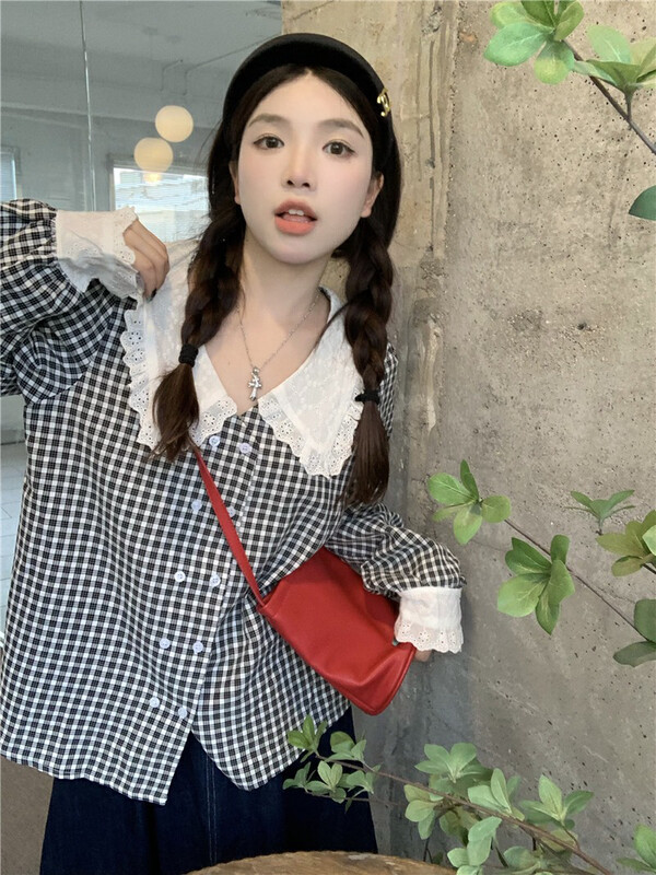 [Timely Rain] Korean style ins retro sweet lace embroidery stitching doll collar double-breasted plaid shirt N259# WPL