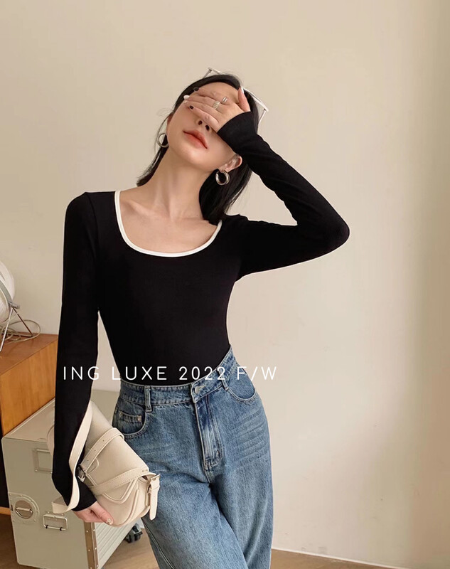 [ING] commuting simple contrast color wrap edge slim fit plus velvet thick shirt (with chest pad) 8385