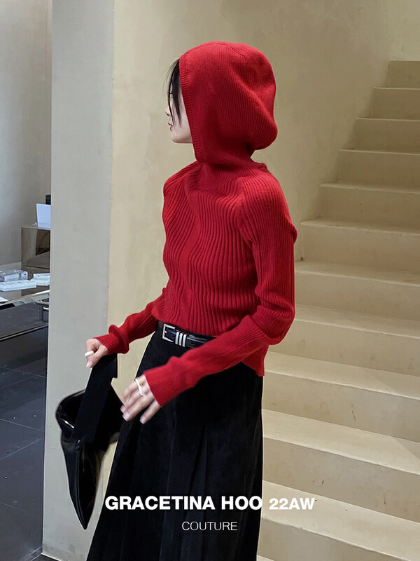 【GRACETINA HOO】Simple vertical grain slightly loose and thin knitted sweater imported sheep shearling all-match hooded Z908