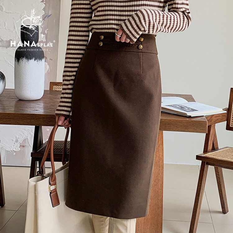 Original price 84.60! 【HANNA Hanna】Design metal decorative waist skirt high waist thin A-line skirt H1326