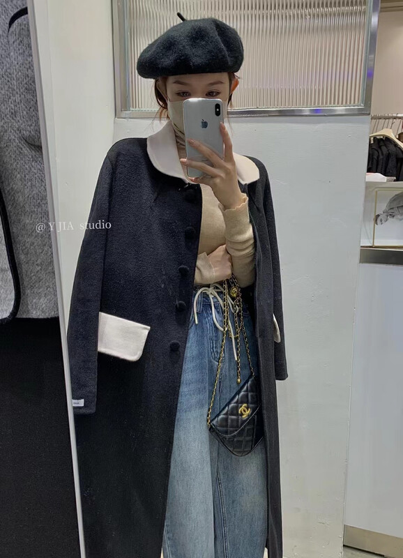 [Y.JIA] Retro contrast color lapel single-breasted wool coat 55093