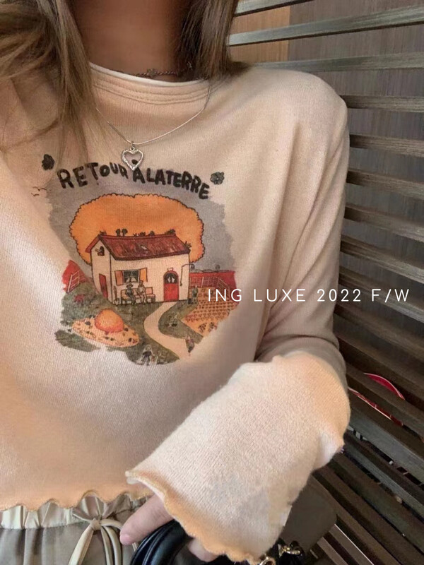 【ING】Korean style printed fake two-piece contrast color splicing long-sleeved T-shirt 9338