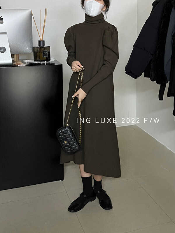 【ING】French style puff sleeve turtleneck knitted dress w5008