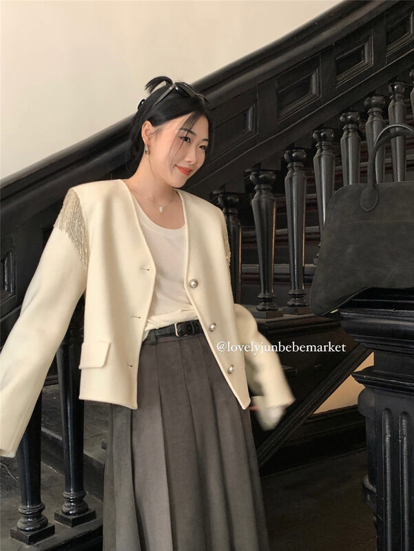 【DT CLASSIC】V-neck wool coat with tassel shoulder design (100% wool) S5019# JHY
