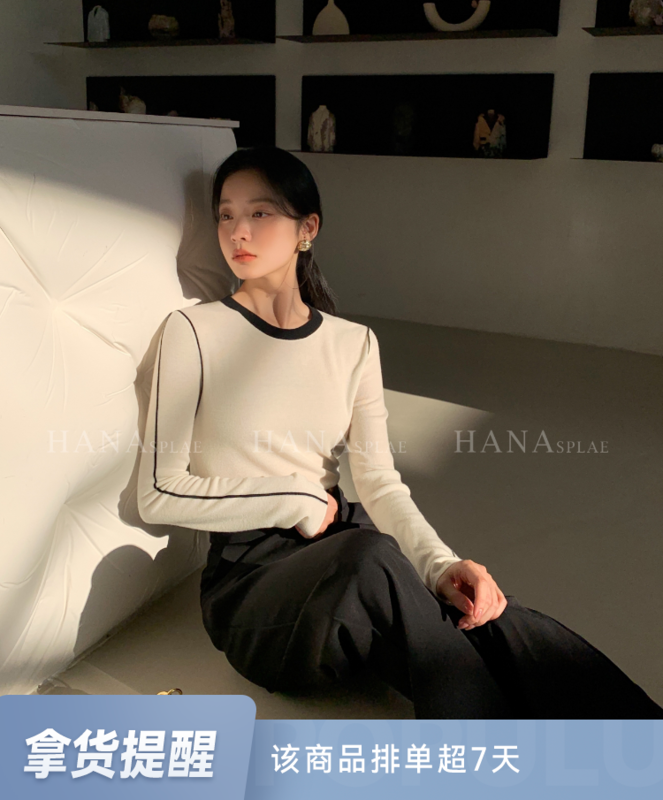 [HANNA Hanna] design sense color contrast round neck sweater women's simple all-match top sweater H10626# JHY