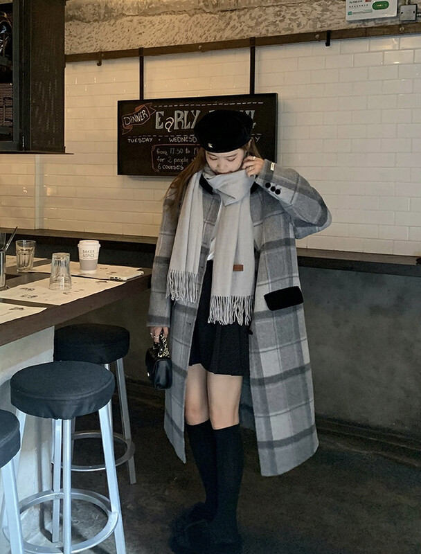 【Y.JIA】Korean version of all-match age-reducing leisure casual color contrast plaid wool coat 55032