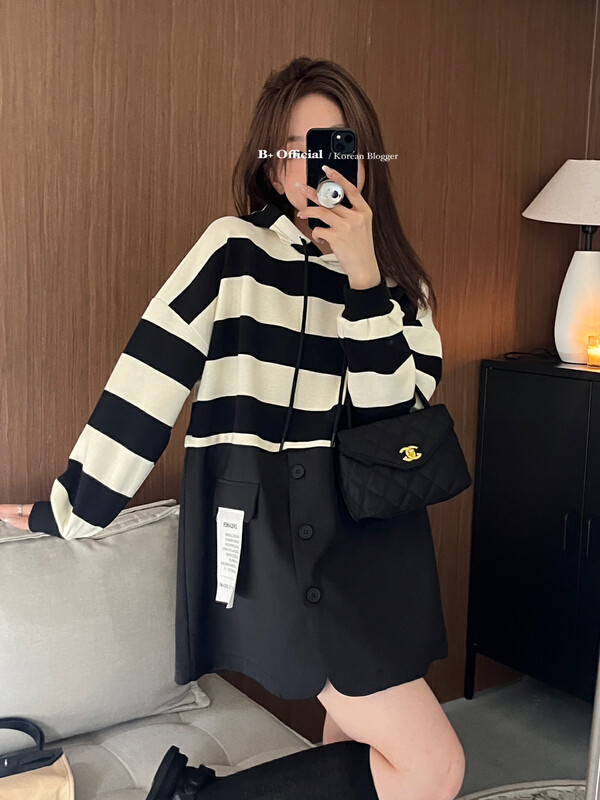 【B Plus】Early autumn simple design loose stitching fake two-piece sweater dress 22-8191-2