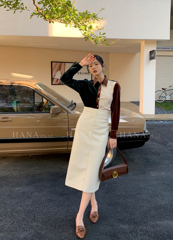 [HANNA Hanna] retro high waist PU bag hip skirt mid-length skirt female simple solid color skirt H3557