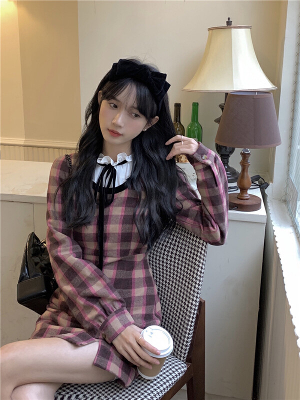 [Timely Rain] Retro Sweet Design Wool Plaid Stitching Slim Dress M219# WPL