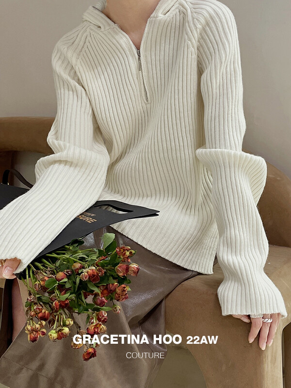 Original price 123.95! [GRACETINA HOO] simple solid color hooded knitted sweater 15 wool custom metal zipper Z956