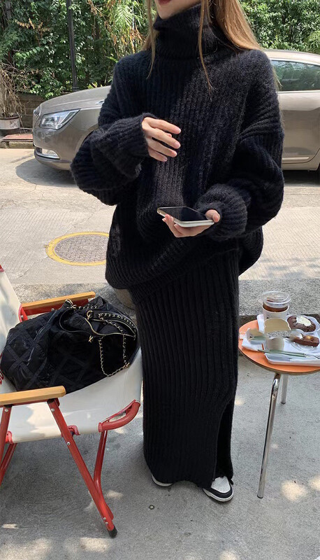 [MI NI] Turtleneck Solid Color Sweater + Mid-length Versatile Skirt Set 9525-1# PCZ