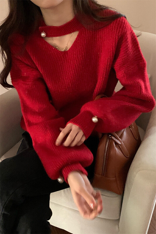 [Timely Rain] Hanfeng ins retro design hanging neck V-neck loose pearl chic warm sweater N7272# WPL