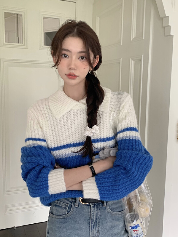 [Timely Rain] Hanfeng ins niche chic all-match color matching casual warm sweater 5078# WPL