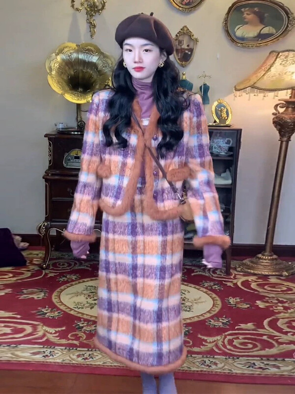 【C.VOGUE】高級感氣質名媛炸街呢外套+設計感拼接毛條半身長裙套裝  3572#  PCZ