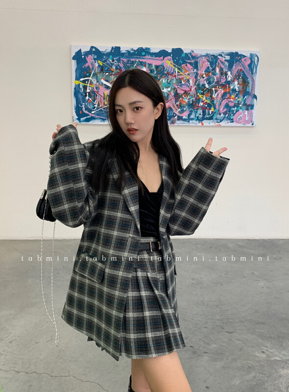 【TABMINI】High waist retro check pleated skirt (with belt) 11411-G# WPL