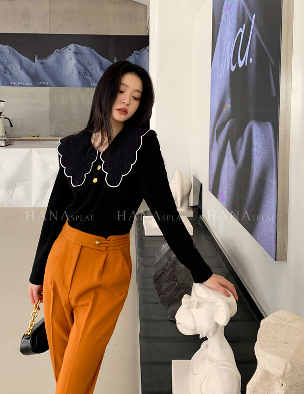 [HANNA Hanna] Elegant large lapel shirt femininity commuting crescent edge pullover top chiffon shirt H10620