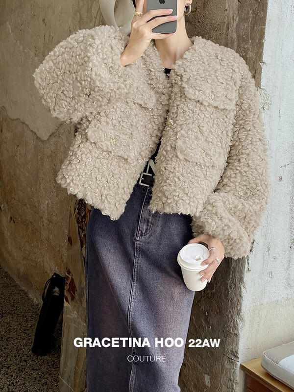 Original price 259.31! [GRACETINA HOO] curly woolen small fragrance loose short coat custom metal decorative buckle lazy WT3141