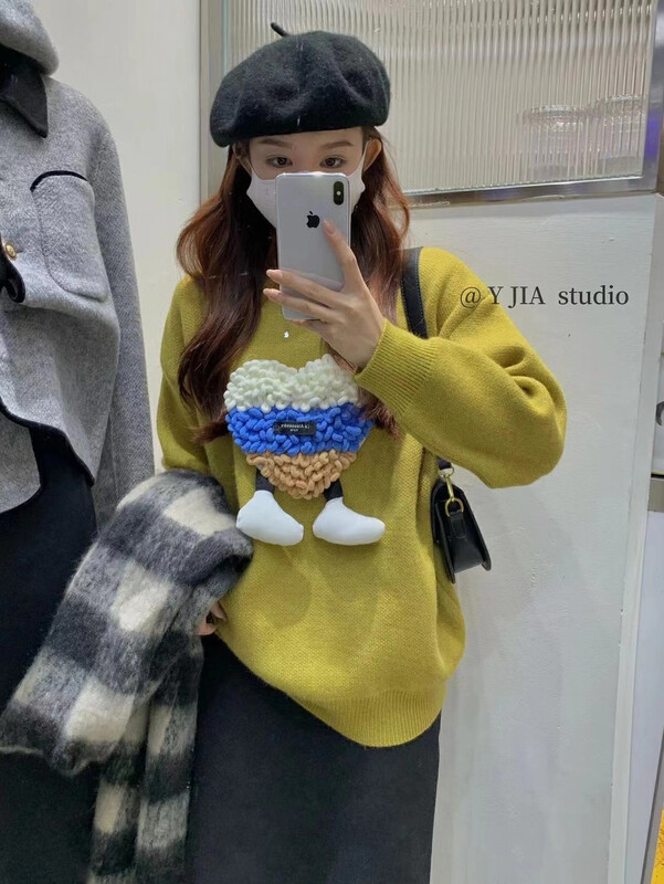 【Y.JIA】Casual all-match flocking love round neck lazy sweater 936