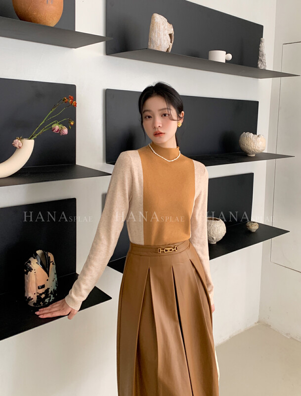 [HANNA Hanna] design sense splicing woolen sweater women's simple half-high collar sweater sweater H10628