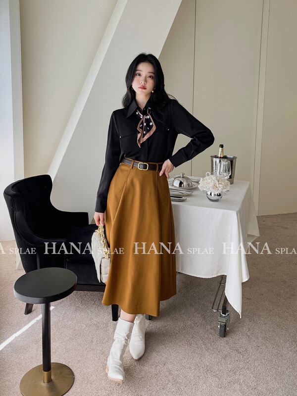[HANNA Hanna] High Waist Swing Skirt Temperament Commuter Versatile Mid-length A-line Skirt Skirt (With Belt) H3523