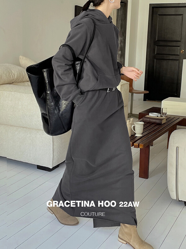 Original price 153.28! [GRACETINA HOO] Niche loose solid color pullover hooded sweater skirt suit thick velvet bottom lazy and inclusive TZ2159