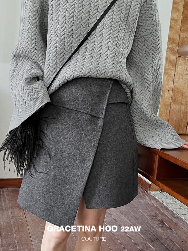 【GRACETINA HOO】Asymmetrical adjustable layered skirt skirt 50 wool skin-friendly and not sticky BQ6305