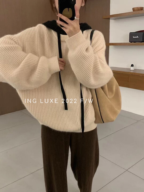 【ING】Western style hooded cashmere color-block sweater w3980