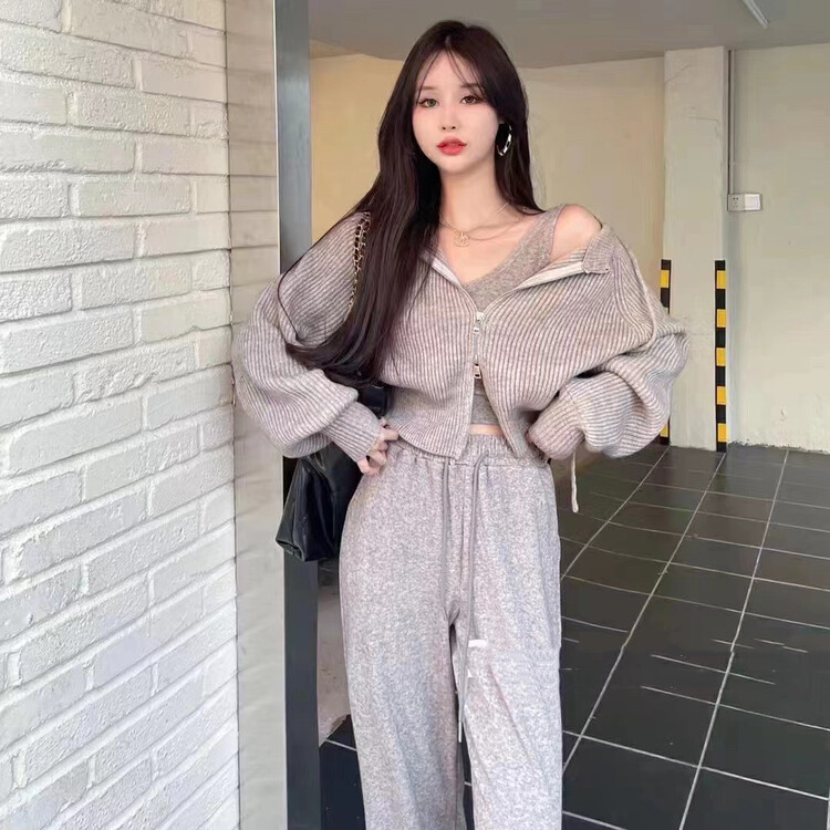 【MI NI】Simple camisole + short cardigan + casual pants three-piece suit 9503-1# PCZ
