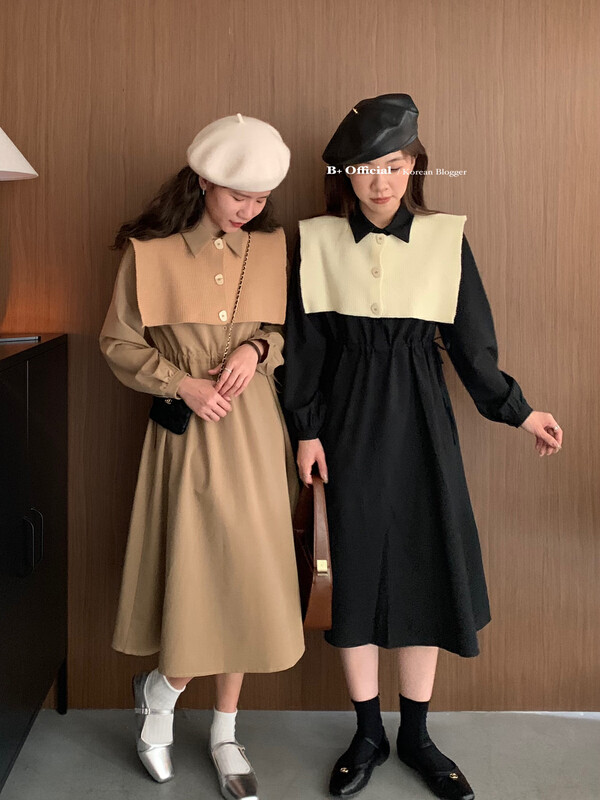 【B Plus】Early Autumn Simple and Thin Elastic Waist Dress (with Shawl) 22-8244-2# FHX